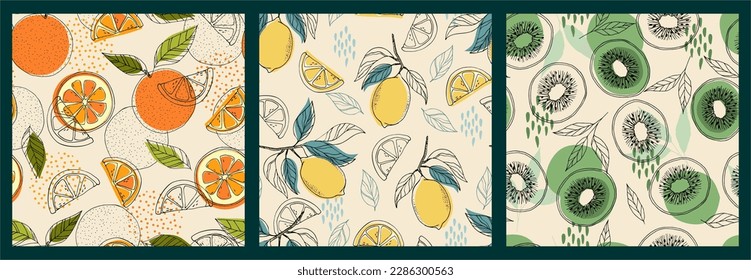 Set artistic seamless patterns abstract fruits. Oranges, simple shapes, leaves, kiwi, citrus bright summer colors for prints, wallpaper, textiles. Vector set.