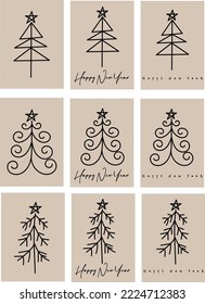 Set of artistic simple modern new year illustrations (poster) with christmas tree (hand drawn) and text happy new year on beige background
