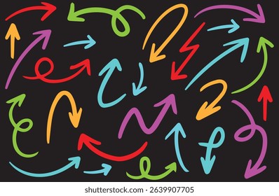 Set of artistic sketch arrows with freestyle curves, loops, and twists for creative design, perfect for flowcharts, notes, and infographics.