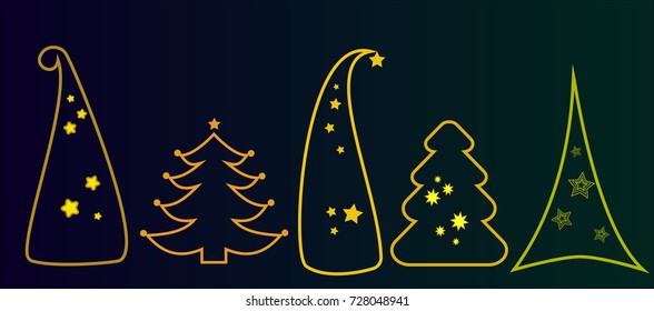 set of artistic stylized christmas trees. yellow decorative vector christmas trees on blue green background