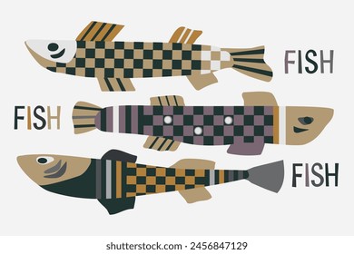 set of artistic, stylized fish with geometric ornament. Chessboard, stripes. Monochrome colors. Beige, light and dark gray. For menu design, restaurants