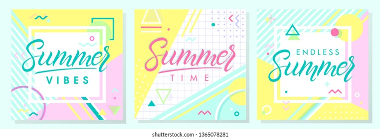 Set of artistic summer cards with bright background,pattern and geometric elements in memphis style.Abstract design templates perfect for prints,flyers,banners,invitations,covers,social media and more