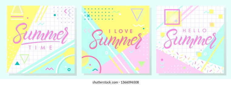 Set of artistic summer cards with bright background,pattern and geometric elements in memphis style.Abstract design templates perfect for prints,flyers,banners,invitations,covers,social media and more