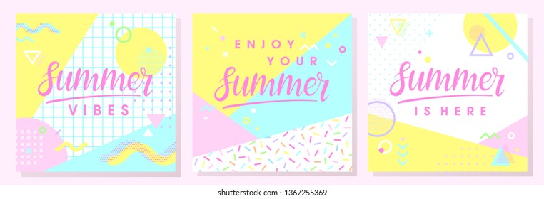 Set of artistic summer cards with bright background,pattern and geometric elements in memphis style.Abstract design templates perfect for prints,flyers,banners,invitations,covers,social media and more