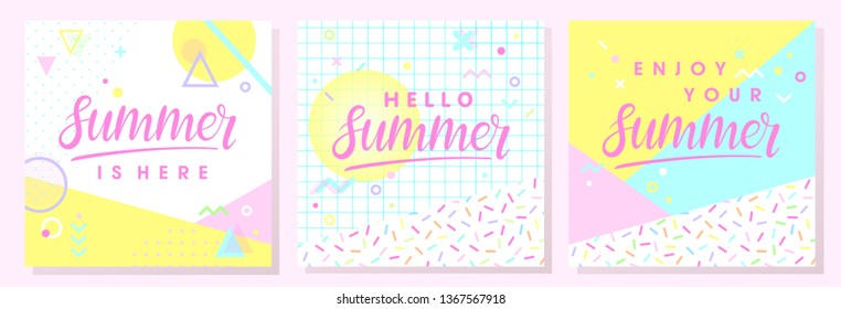 Set of artistic summer cards with bright background,pattern and geometric elements in memphis style.Abstract design templates perfect for prints,flyers,banners,invitations,covers,social media and more