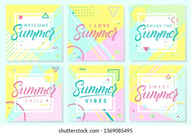 Set of artistic summer cards with bright background,pattern and geometric elements in memphis style.Abstract design templates perfect for prints,flyers,banners,invitations,covers,social media and more
