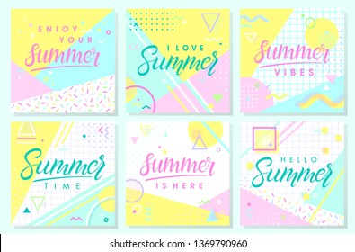 Set of artistic summer cards with bright background,pattern and geometric elements in memphis style.Abstract design templates perfect for prints,flyers,banners,invitations,covers,social media and more