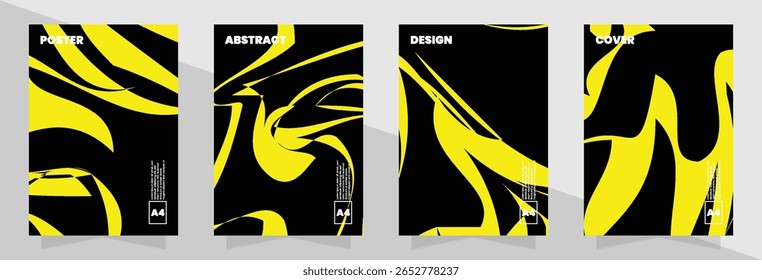 Conjunto de textura de remolino artístico de color negro y amarillo con formas fluidas, se puede utilizar para imágenes de fondo o diseño de carteles
