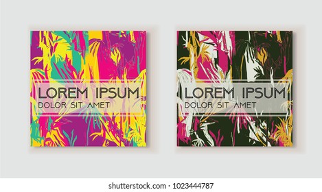 Set of artistic template in tropical style. Modern header for web, card, placard, poster, cover, flyer, invitation, brochure. Hand drawn textures. Use for anniversary, birthday, wedding, party, banner