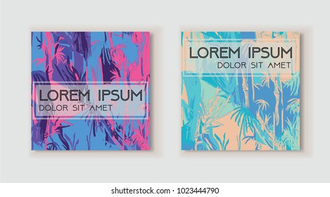 Set of artistic template in tropical style. Modern header for web, card, placard, poster, cover, flyer, invitation, brochure. Hand drawn textures. Use for anniversary, birthday, wedding, party, banner