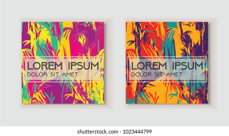 Set of artistic template in tropical style. Modern header for web, card, placard, poster, cover, flyer, invitation, brochure. Hand drawn textures. Use for anniversary, birthday, wedding, party, banner