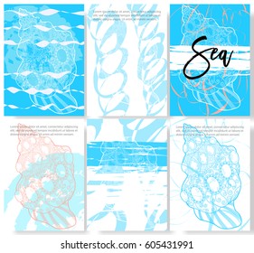 Set of Artistic Templates for Invitation, Placard, flyer, design, booklet, brochure, business cards. Hand-drawn Sea themed backgrounds. Waves, seashells and splashes