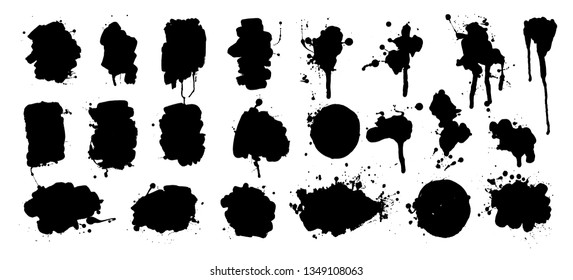 Set of artistic textures with splatters. Liquid shapes. Hand drawn frames, place for text. Dirty messy design elements.