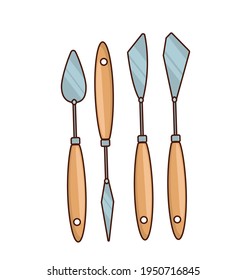 A set of artistic tools. Palette knife, paint spatula. Working tools of the artist. Design element, layout, print.