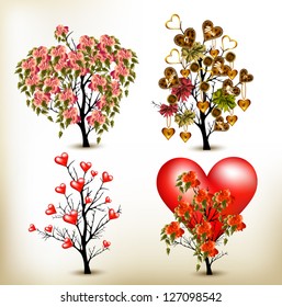 Set of artistic trees for valentine design