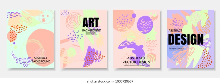 Set of artistic universal abstract cards template. Colorful decorative design in new Memphis style. Ideal for cover, banner, placard, web design, poster, brochure, birthday party, invitation and more