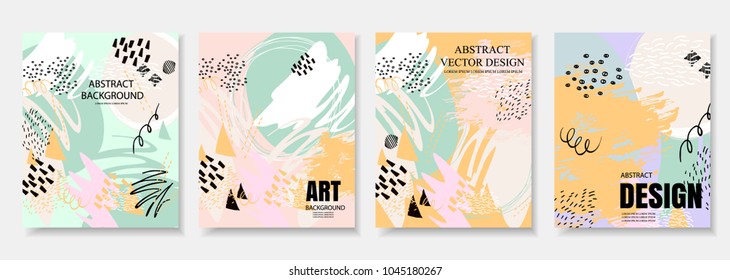 Set of artistic universal abstract cards template. Colorful decorative design in new Memphis style. Ideal for cover, banner, placard, web design, poster, brochure, birthday party, invitation and more.