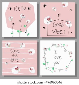 Set artistic universal cards. Design for Flyers, Placards, Posters, Invitations, Brochures. Artistic Creative Templates. Low poly style orchids flowers.