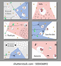 Set artistic universal cards. Design for Flyers, Placards, Posters, Invitations, Brochures. Artistic Creative Templates. Low poly style orchids flowers.