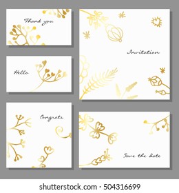 Set of artistic universal cards design templates business in gold, flyers, invitations, abstract flowers in doodle style
