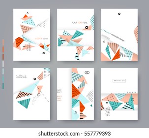 Set of artistic universal cards. Flat creative minimalist design. Geometric background. Template for posters, brochures, flyers, placards, book covers, presentations. Isolated. A4 size. Vector EPS10