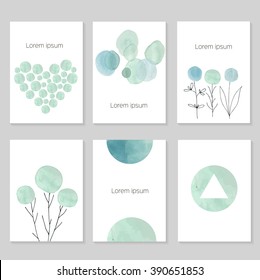 Set of artistic universal cards.  Wedding, birthday, party, Valentine's day,  universally. Design for  card, invitation, placard, poster, brochure, flyer. Vector. Hand Drawn wartercolor textures.