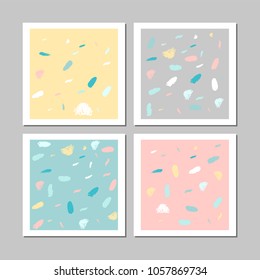 Set of artistic unusual pastel cards with simple hand drawn abstract textures. Creative modern colorful background. Contemporary art. Vector