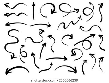 Ein Satz künstlerischer Vektorpfeile, handgezeichnet auf einer einfachen weißen Leinwand, ist ideal für Designzwecke. Doodles von Pfeilen. Vektorgrafik