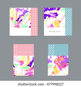 Set of artistic vector greeting cards design. Colorful frame pattern textures for wedding, anniversary, birthday, Valentine's day, party, poster, card, invitation, placard, brochure, flyer, template