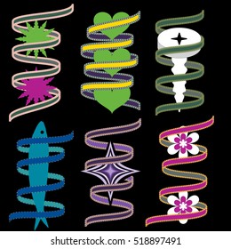 Set of artistic vector multiple coils with shapes, colorful spiral collection isolated on black background