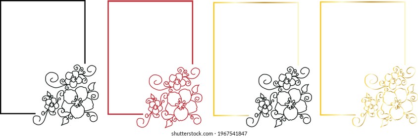 Set of artistic vector square frames with decorative floral ornaments. Frame and pattern colors: gold, red and black