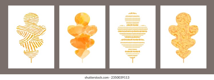 Set of artistic watercolor orange autumn oak leaves. Greeting card. Vector illustration