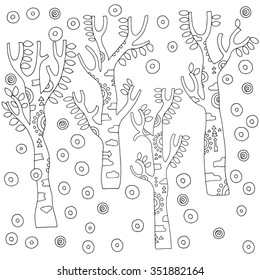 Set of artistically birch trees. Zentangle patterns. Sketch by trace. Hand-drawn tribal, ethnic, floral, retro, doodle, vector, design elements. Black and white. Pattern for coloring book.