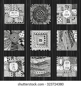 Set of  artistically cards. Ethnic patterns.  Anniversary, birthday cards.  Valentin's day, party card templates. Hand-drawn, ethnic, floral, retro, doodle, vector, zentangle, tribal design element.