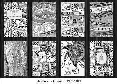 Set of  artistically cards. Ethnic patterns.  A4 sizes. Anniversary, birthday cards.  Valentin's day, party card. Hand-drawn, ethnic, floral, retro, doodle, vector, zentangle, tribal design element.