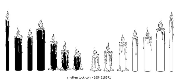 Set of artistically drawn, isolated, black and white silhouette candles with wax streaks.