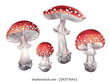 Set of artistically drawn, poisonous mushrooms with white speckled red hat on white background. Red fly agaric. Cottagecore. Mushroomcore.