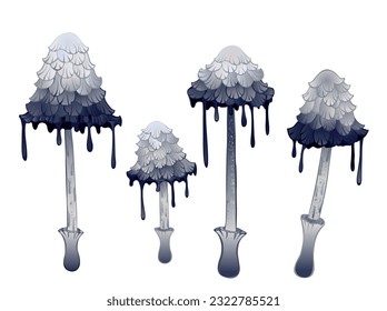 Set of artistically drawn, realistic gray mushrooms with streaks on white background. Cottagecore. Mushroomcore.
