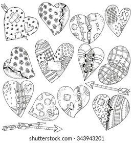Set of artistically hand drawn hearts. Valentines day background. Pattern for coloring book. Vector, doodle, zentangle, henna design elements.  Black and white. Made by trace from sketch Coloring book