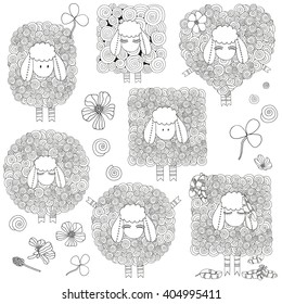 Set of artistically ornamental sheeps.  Swirls, ringlets. Hand-drawn, doodle, vector, zentangle, tribal design elements. Coloring book for adult and children. 