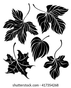 Set of artistically painted, isolated, black, silhouettes of leaves on white background.