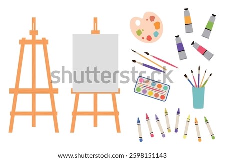 Set of artist's accessories. Easel with white canvas and easel without canvas. Vector illustration with paints, brushes, easels, palette and wax crayons.
