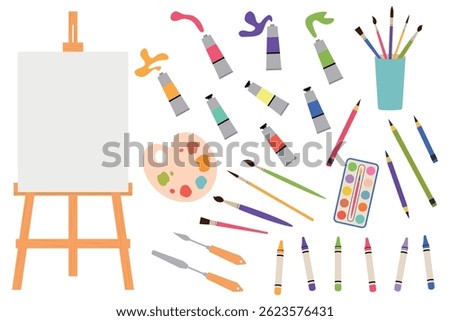 Set of artist's accessories. Easel with white canvas and easel without canvas. Vector illustration with paints, brushes, easels, palette, simple pencils, palette knives and wax crayons.