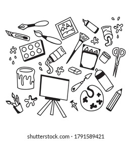 Set of artist's doodles, brushes, paints, pencils and easel on a white background. The linear vector flat illustration.