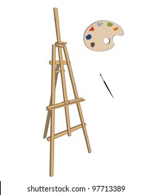 set of an artists easel ,  palette of paint and brushes, isolated on a white background. vector illustration