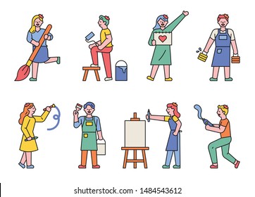 A set of artists' figures holding art tools. flat design style minimal vector illustration.