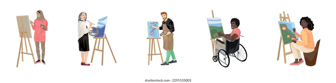 Set of artists painting pictures on white background