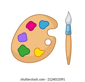 Set of artist's palette and brush. Vector illustration of artist's drawing supplies in cartoon childish style. Isolated funny clipart on white background. cute print