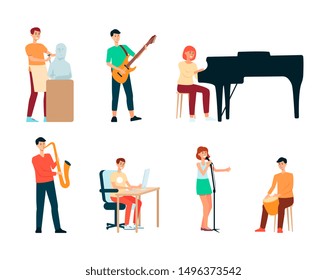 A set of artists, people of creative professions and hobbies. Men and women, sculptors and musicians, singers and designers at work. Set of isolated vector illustrations of artists in flat style.