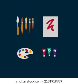 A set of artist's tools. A set of elements for painting, watercolor, brushes, easel. Artistic materials in the flat style. Vector illustration